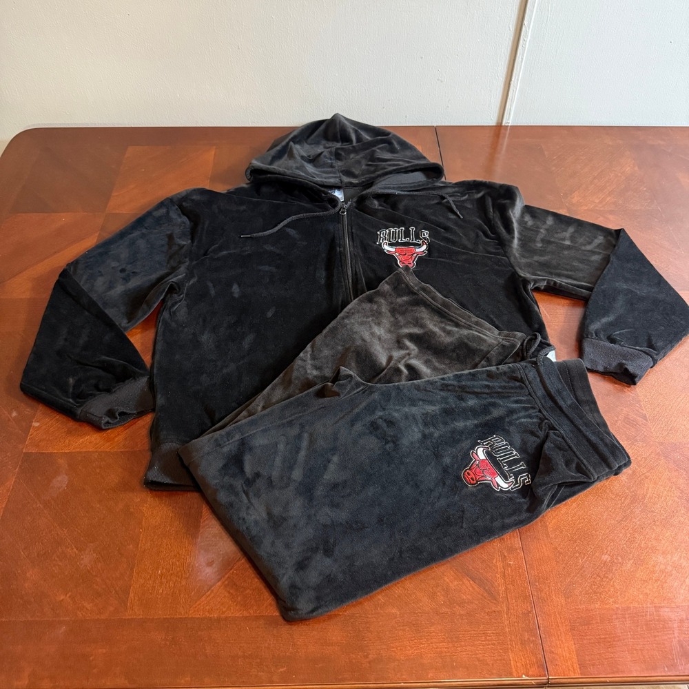 Chicago Bulls NBA Velour Tracksuit Women XXL Hoodie M Pants‎ Black Velvet Set